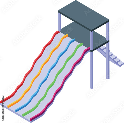 Four colored water slides going down from platform with stairs isometric icon, aquapark concept