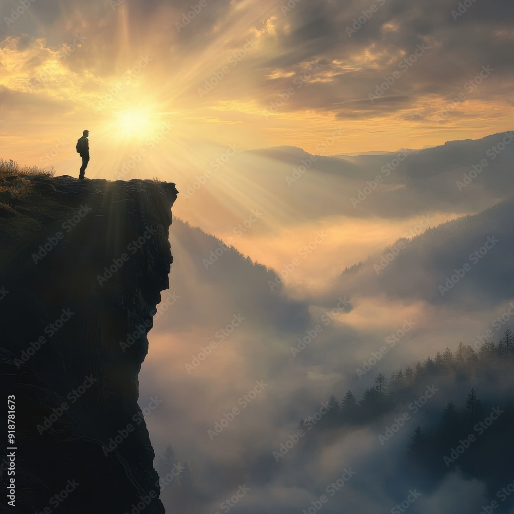 Silhouette of a Hiker Standing on a Mountain Cliff at Sunset with Foggy Valley Below. Silhouette of a Hiker Standing on a Mountain Cliff at Sunset with Foggy Valley Below.