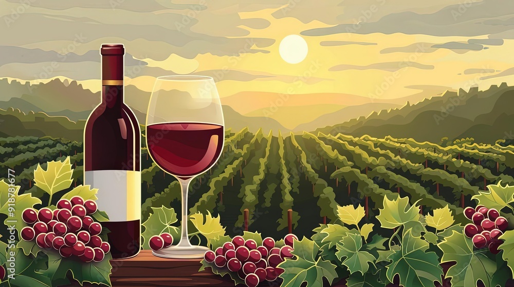 Naklejka premium Elegant wine tasting, vineyard background, flat design illustration