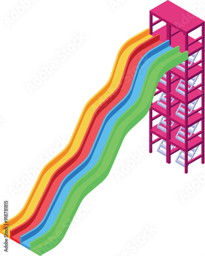 Colorful aquapark water slide starting from high platform with stairs isometric icon vector illustration