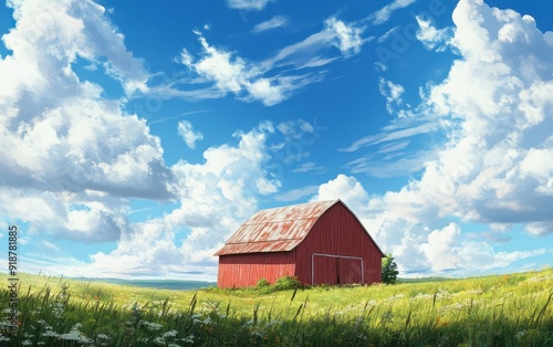 Red Barn in a Summer Field with a Blue Sky and Fluffy Clouds