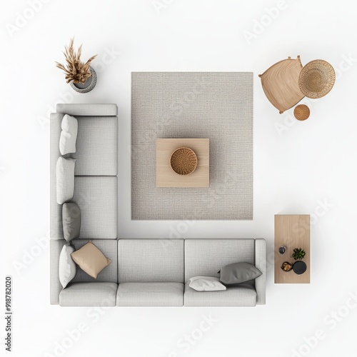 3D Render of a minimalist living room with a low-profile couch, rug, and a few decorative items, floor plan, on isolated white