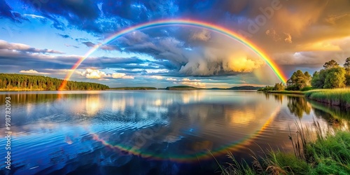 A vibrant rainbow stretching over a calm lake , scenic, nature, beauty, colorful, reflection, serene, tranquil, summer