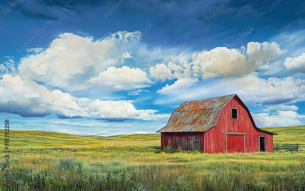 Red Barn in a Green Field Under a Blue Sky with White Clouds. Red Barn in a Green Field Under a Blue Sky with White Clouds.