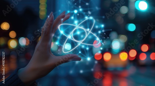 Hand Holding a Glowing Atom Symbol Against a City Lights Background