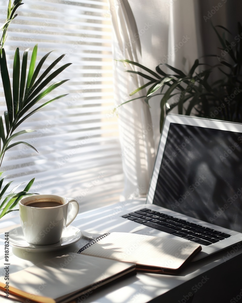 Cozy Home Office Workspace with Laptop, Coffee, Notebook, and Sunlight Streaming Through Window Cozy Home Office Workspace with Laptop, Coffee, Notebook, and Sunlight Streaming Through Window
