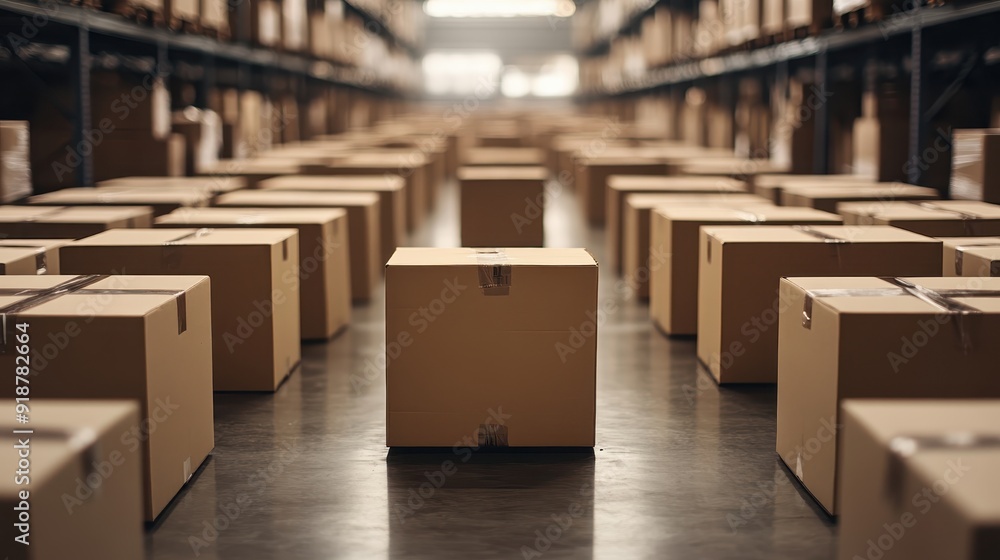 A large warehouse full of boxes with a single box in the middle A large warehouse full of boxes with a single box in the middle