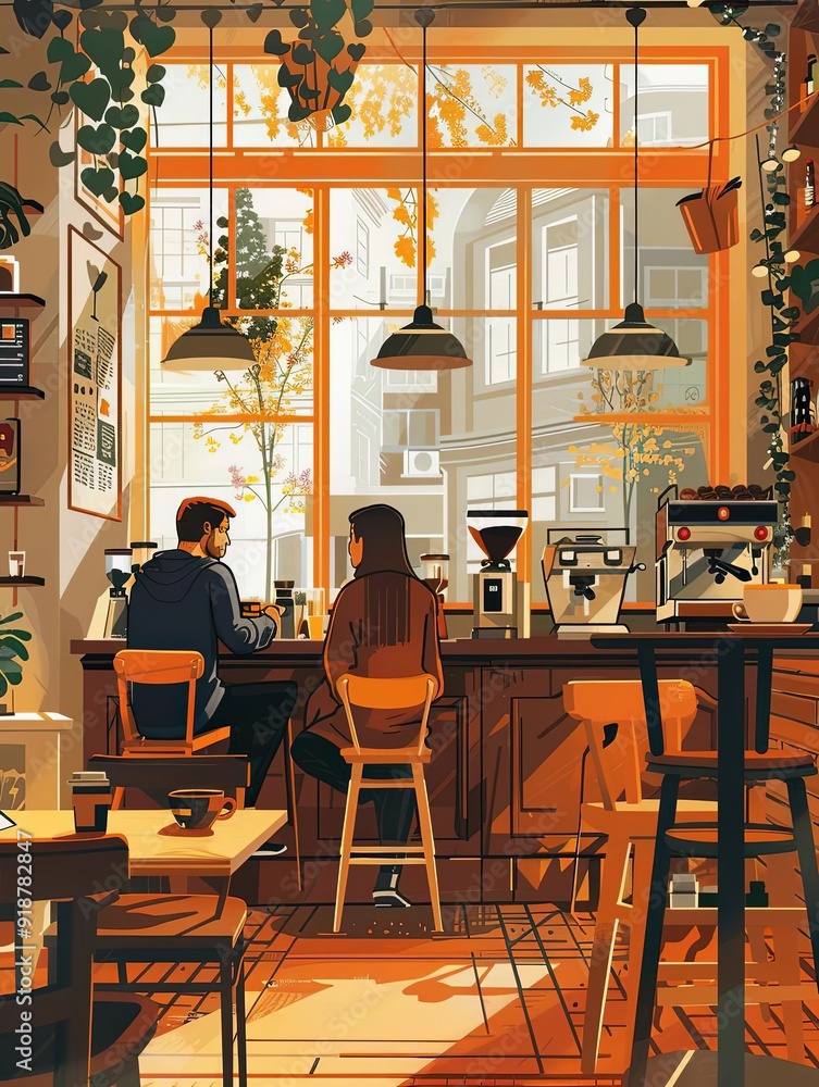 Coffee shop interior, cozy atmosphere, flat design illustration Coffee shop interior, cozy atmosphere, flat design illustration