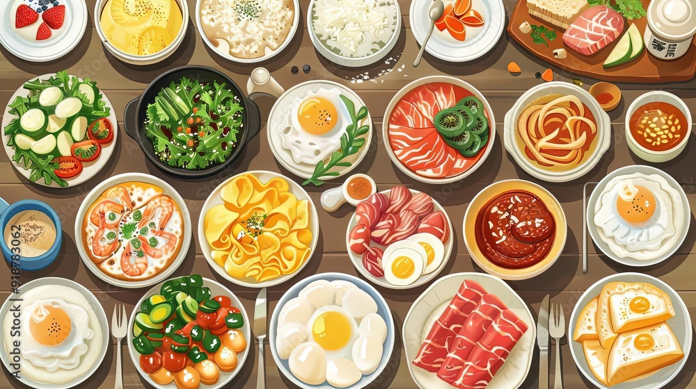 Breakfast buffet, variety of dishes, flat design illustration Breakfast buffet, variety of dishes, flat design illustration