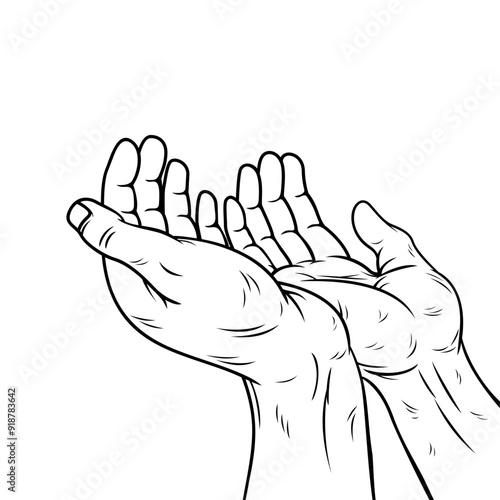 Praying hand gesture in flat solid line style isolated on white background. Graphic line art vector illustration editable and scalable eps file.