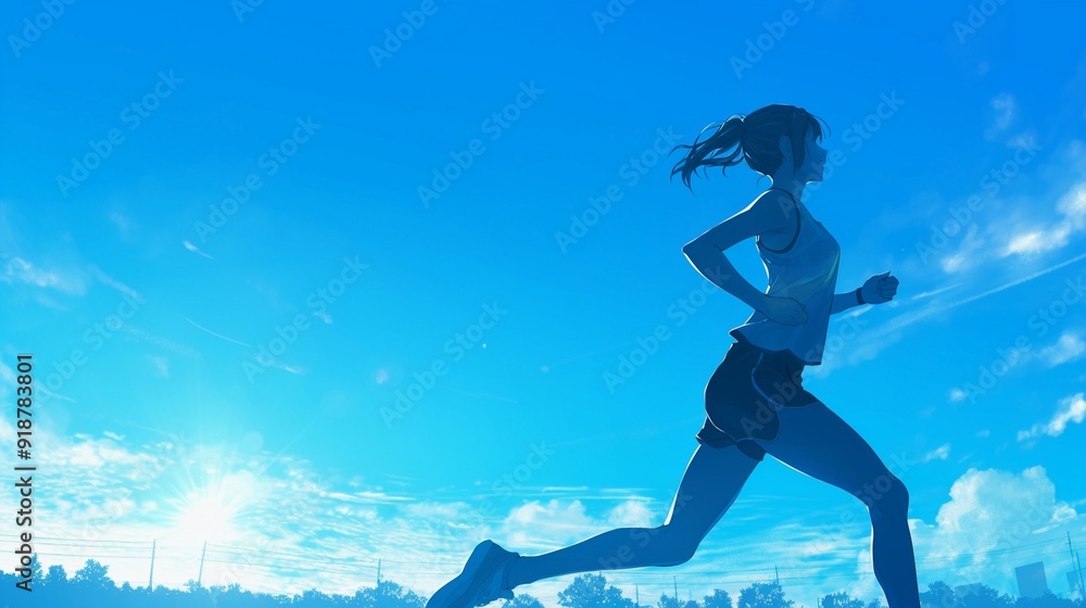 Naklejka premium 公園で走っている女性ランナーのシルエット、青空12