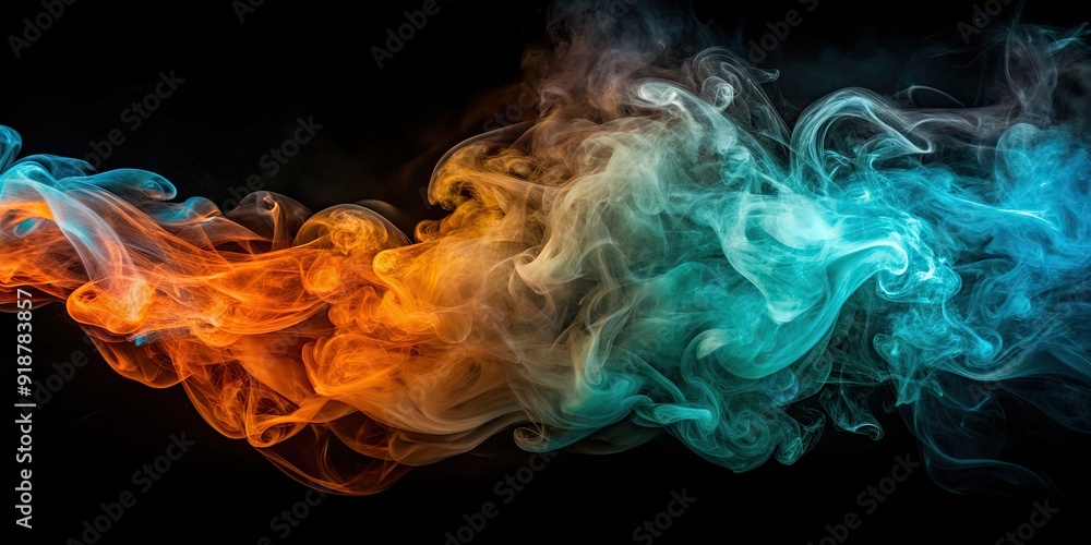 Smoke on a black background resembles a mesmerizing swirl of orange and turquoise colors, smoke, black background, abstract Smoke on a black background resembles a mesmerizing swirl of orange and turquoise colors, smoke, black background, abstract