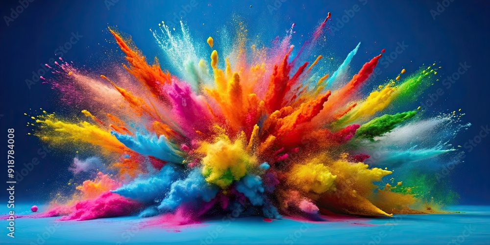 Explosion of color and vitality against a blue background, creating an energetic and lively composition, colorful Explosion of color and vitality against a blue background, creating an energetic and lively composition, colorful