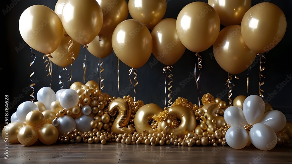 Transport yourself to a magical realm, where a golden backdrop is brought to life with an array of balloons, each one representing a different aspect of your festive occasion. Transport yourself to a magical realm, where a golden backdrop is brought to life with an array of balloons, each one representing a different aspect of your festive occasion.