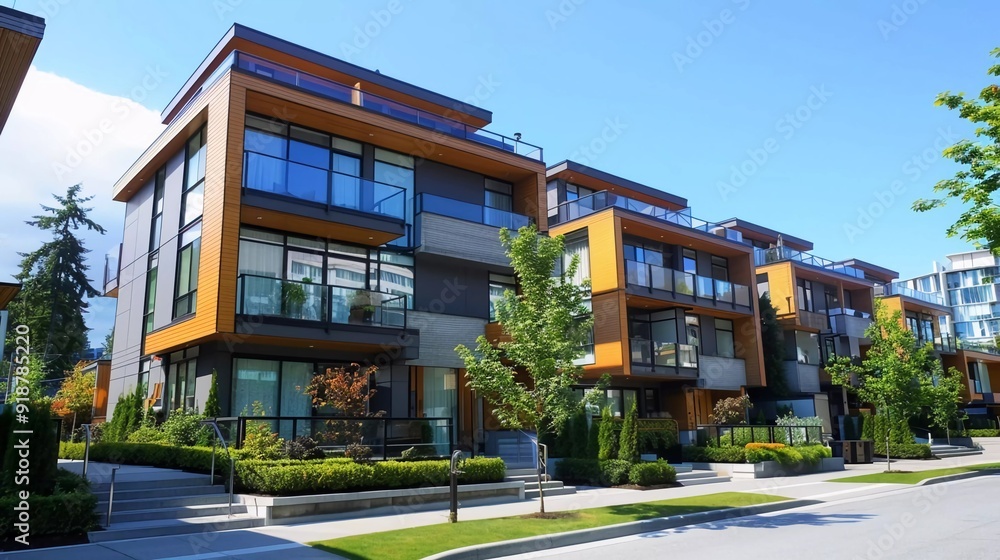New Modern Apartment Building in Vancouver BC. Canadian modern residential architecture on a sunny day New Modern Apartment Building in Vancouver BC. Canadian modern residential architecture on a sunny day