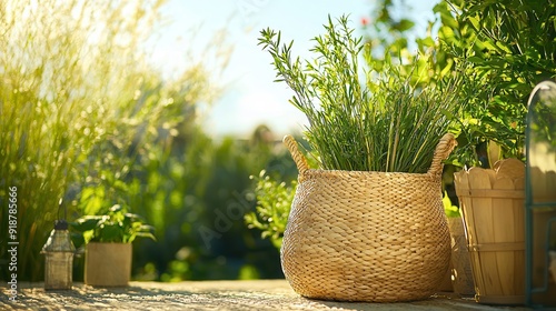 Wicker Basket With Green Plants in Garden Setting. photo