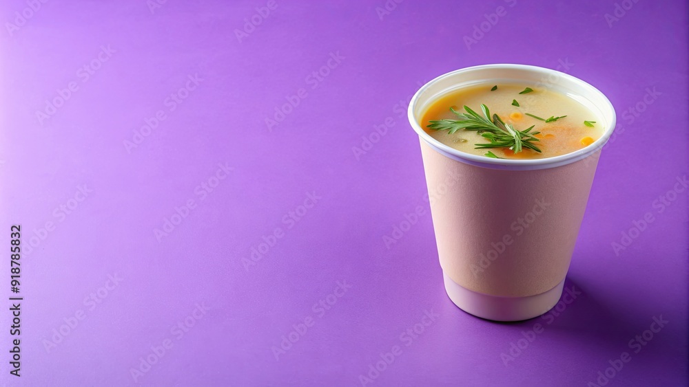 Chicken broth soup in takeaway cup on purple background , food, soup, broth, chicken, takeaway, cup, container, portable Chicken broth soup in takeaway cup on purple background , food, soup, broth, chicken, takeaway, cup, container, portable
