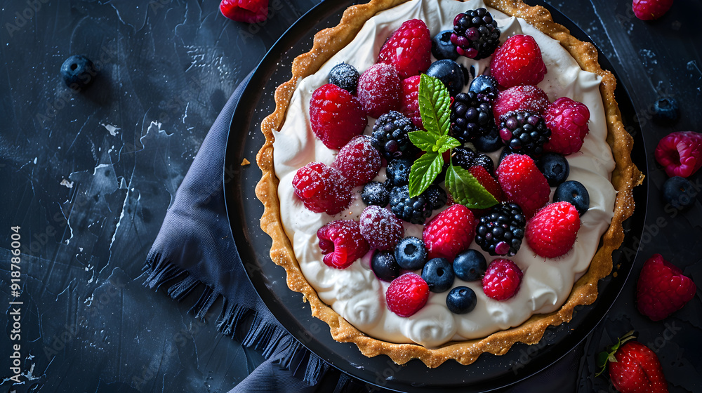 A fresh fruit tart with berries and cream A fresh fruit tart with berries and cream