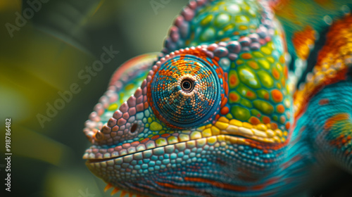 Hyper-realistic close-up of a chameleon's skin with vibrant colors. Each scale has detailed texture, creating a three-dimensional and realistic effect