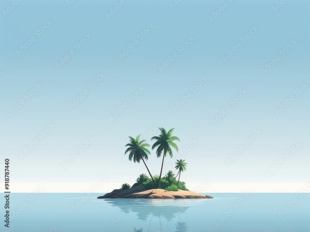 Fototapeta premium A small tropical island sits in the middle of a calm blue ocean