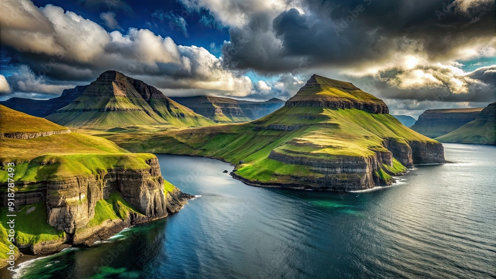 Naklejka premium Serene landscape of the Faroe Islands with dramatic cliffs and rolling green hills, Faroe Islands, landscape, serene