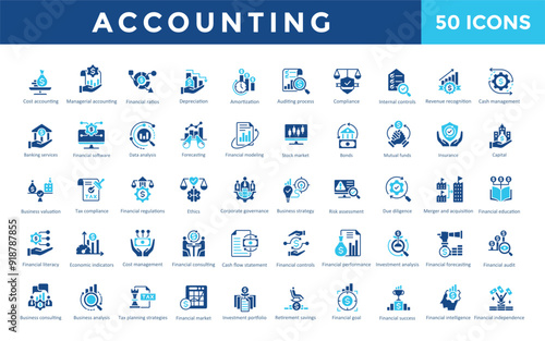 Accounting icon set with cost accounting, managerial accounting, financial ratios, depreciation, amortization, auditing process, compliance icon. Simple flat vector 
