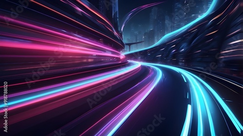 Abstract speed light trails effect route, futuristic neon fast-moving background, motion effect, neon brilliant curve, highway speed light, with generative artificial intelligence.