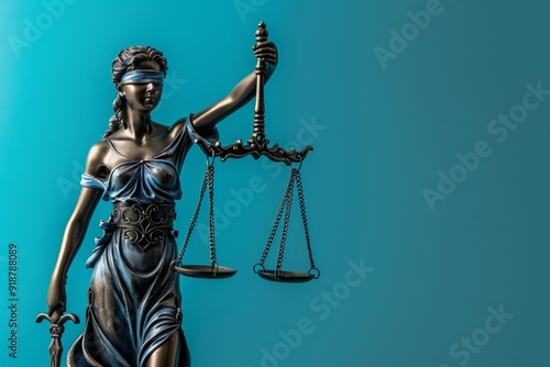 Hyper-Realistic 3D Illustration of Lady Justice Statue Holding Scales of Justice on Blue Background. Cinematic Lighting and Soft Shadows with Clean Focus and Film Grain Effect. photo