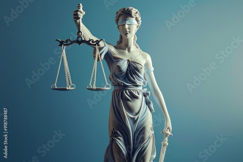 Hyper-Realistic 3D Illustration of Lady Justice Statue Holding Scales of Justice on Blue Background. Cinematic Lighting and Soft Shadows with Clean Focus and Film Grain Effect. photo