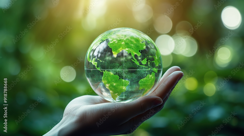 Hands holding green cystal globe ball, CSR, eco sustainable business, environmental concept, Generative AI Hands holding green cystal globe ball, CSR, eco sustainable business, environmental concept, Generative AI