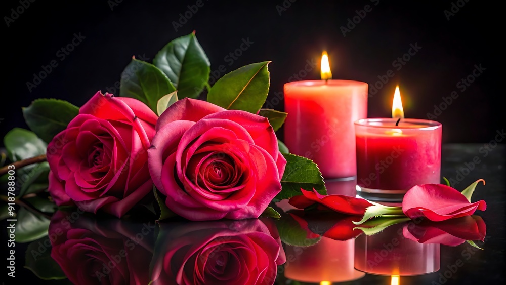 Red Roses and Candles on a Black Background. Red Roses and Candles on a Black Background.