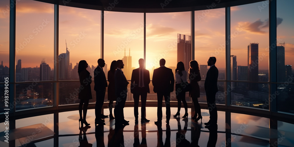 Silhouettes of a Diverse Business Team in a Modern Office with a Stunning City View at Sunset. Silhouettes of a Diverse Business Team in a Modern Office with a Stunning City View at Sunset.
