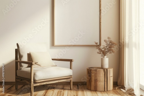 Mockup of A4 Blank Poster Frame on Wall in Japandi Interior. Features Oak Wood, Neutral Tones, Wooden Armchair with Beige Cushion, Round Tree Stump Table, Soft Daylight, and Minimalist Decor Elements.