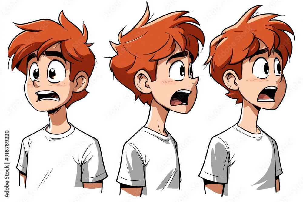Emotional face cartoon character young office man 3/4 side view design vector illustration set. Happy, smiling, upset, surprised, sad, angry, shouting red hair person flat style concept Emotional face cartoon character young office man 3/4 side view design vector illustration set. Happy, smiling, upset, surprised, sad, angry, shouting red hair person flat style concept