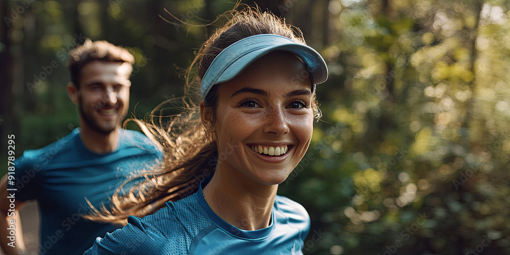 A beautiful woman with long hair and blue eyes smiles while running in the park, generative AI A beautiful woman with long hair and blue eyes smiles while running in the park, generative AI