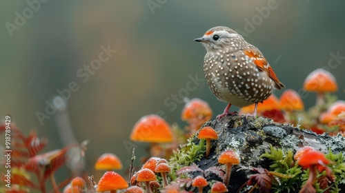 A small bird is perched on a rock next to a field of red mushrooms photo