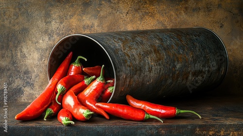 Rustic Metal Can Spilling Red Chili Peppers photo