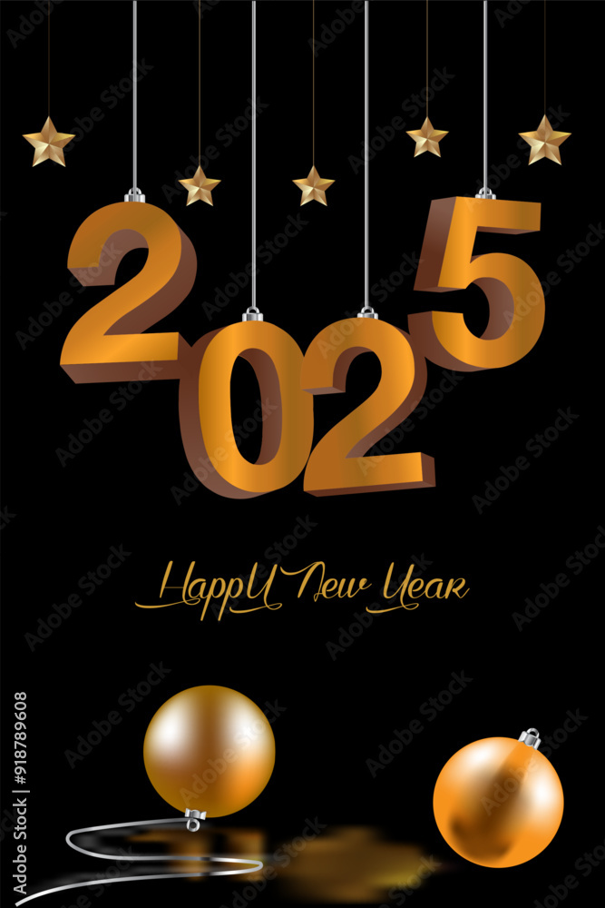 Naklejka premium 2025 happy new year and merry christmas 2025 design isolated in dark color, 2025 typography with gold color. 2025 design for new year and christmas template 