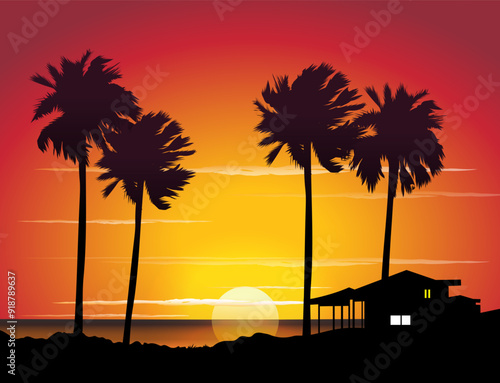 Beach house and palm trees