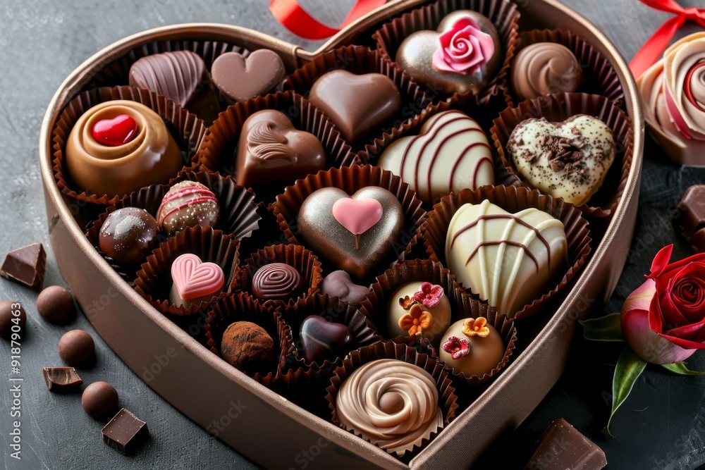 Heart-Shaped Box of Assorted Chocolates with Pralines, Sweets, and Roses on Dark Gray Background, Perfect for Valentine's Day Celebrations and Gifts of Love Heart-Shaped Box of Assorted Chocolates with Pralines, Sweets, and Roses on Dark Gray Background, Perfect for Valentine's Day Celebrations and Gifts of Love