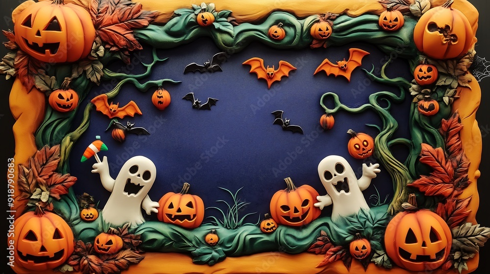 Halloween pumpkin patch framed background with ghosts and bats surrounding Generative AI.ゴーストとコウモリが囲むハロウィンパンプキンパッチの枠付き背景Generative AI. Halloween pumpkin patch framed background with ghosts and bats surrounding Generative AI.ゴーストとコウモリが囲むハロウィンパンプキンパッチの枠付き背景Generative AI.