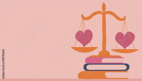 A conceptual image of a balance scale with hearts, symbolizing love and justice on colorful stacked books against a soft pink background.