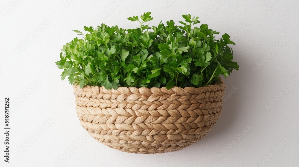 Detailed shot of a wall-mounted basket crafted from woven seaweed, containing lush green herbs; a perfect blend of nature and simplicity in kitchen decor Detailed shot of a wall-mounted basket crafted from woven seaweed, containing lush green herbs; a perfect blend of nature and simplicity in kitchen decor