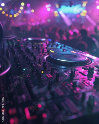 A close up of a dj mixer and some lights in the background. AI.