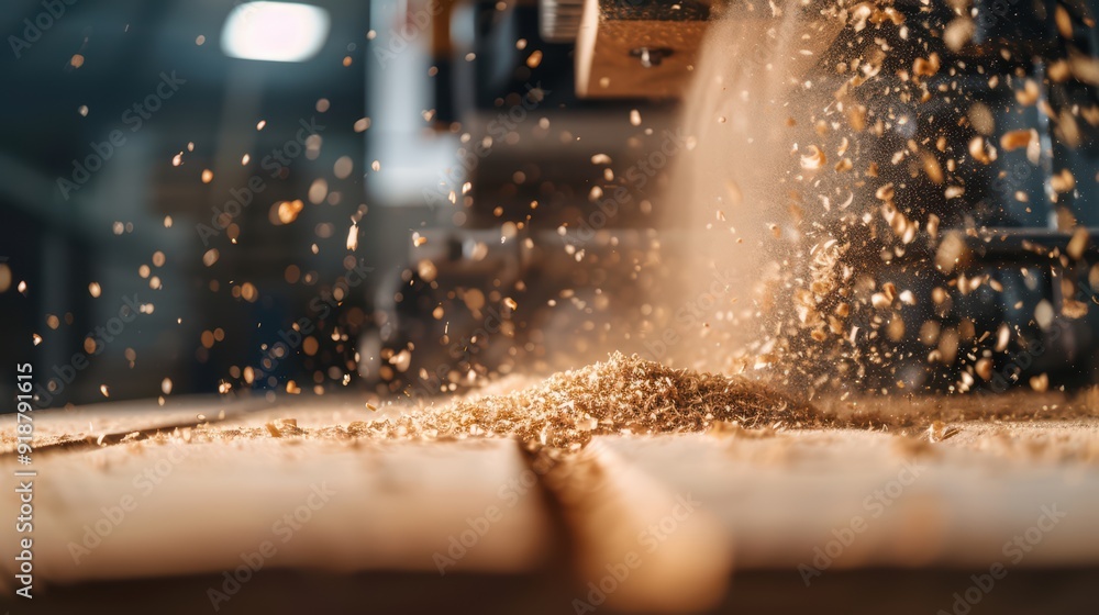 Fototapeta premium Close-up of Wood Shavings Flying from a Saw Blade in a Carpentry Workshop with Blurred Background