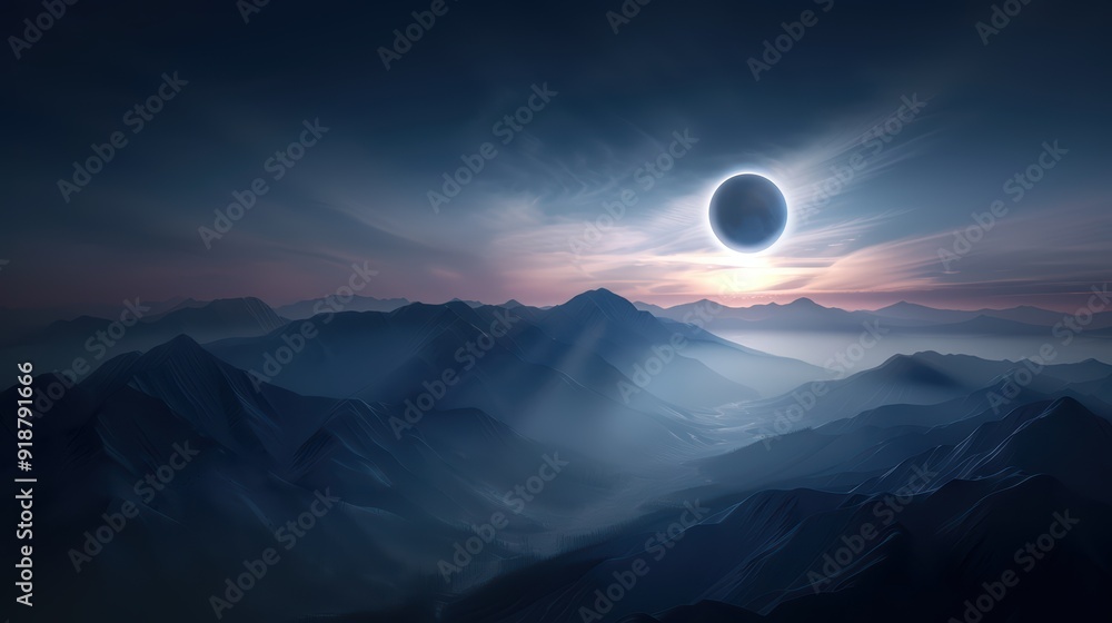 Stunning Solar Eclipse Over Majestic Mountain Range at Dawn with Dramatic Sky and Mystical Atmosphere Stunning Solar Eclipse Over Majestic Mountain Range at Dawn with Dramatic Sky and Mystical Atmosphere