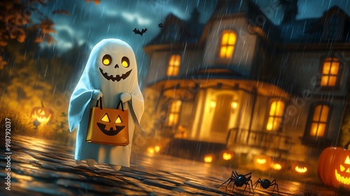 Cute ghost with jack-o-lantern and trick-or-treat bag,Generative AI,ジャックオーランタンとトリックオアトリートバッグを持っている可愛い幽霊,Generative AI photo