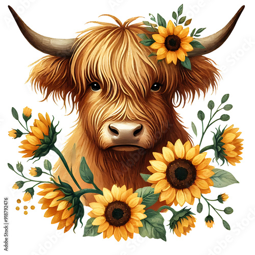 Illustration of a Highland cow surrounded by vibrant sunflowers and lush greenery transparent background, PNG