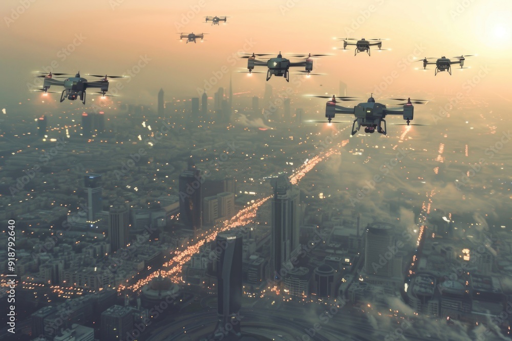 Nighttime city scene with airplanes flying overhead, capturing the urban landscape Nighttime city scene with airplanes flying overhead, capturing the urban landscape