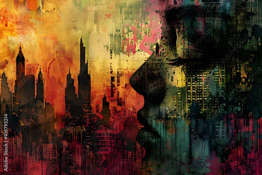Fototapeta premium Abstract Cityscape with a Silhouette of a Woman.